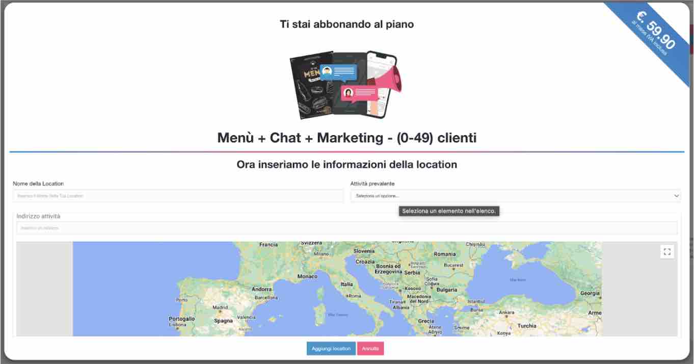 Dettaglio inserimento nuova location e sottoscrizione di un nuovo account