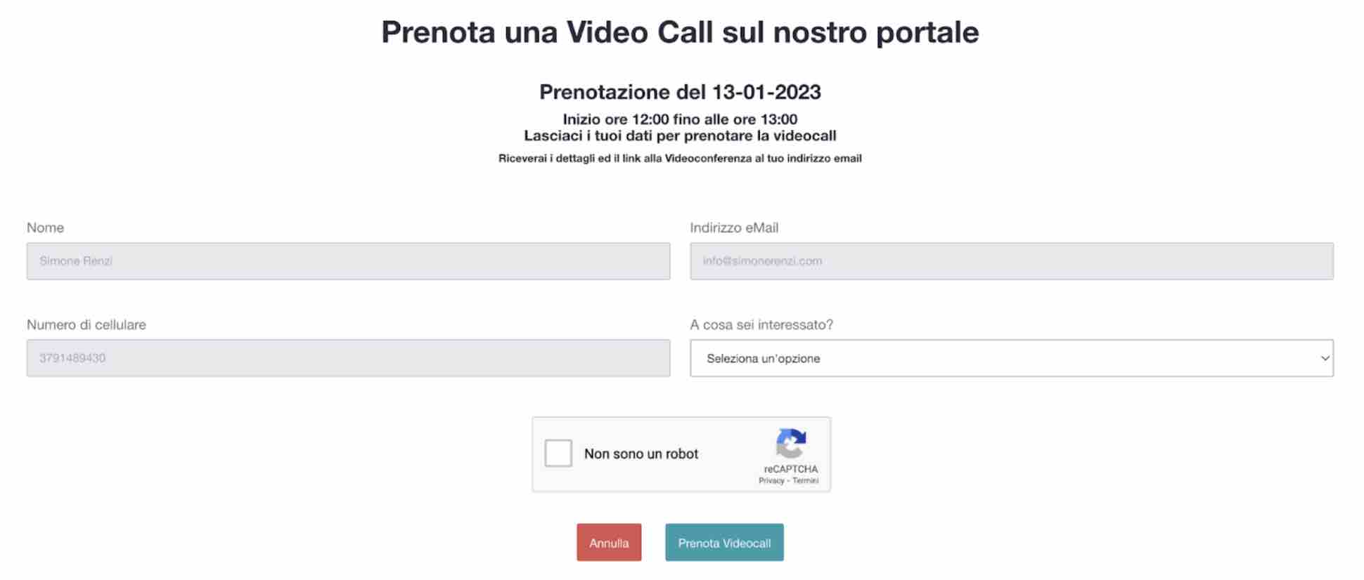 Inserimento dei campi d'informazione e prenotazione della video conference