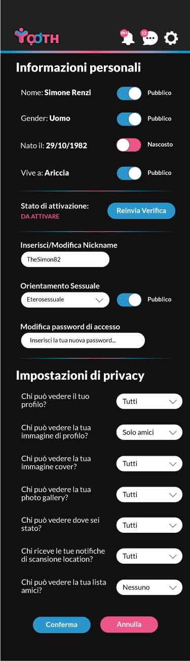 Schermata di impostazioni dell'account utente e settaggi di privacy